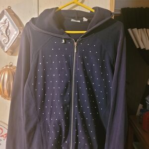 Woman's Size 3 Chico's Navy Blue Hoodie Jacket with Rhinestones And Gold Accents